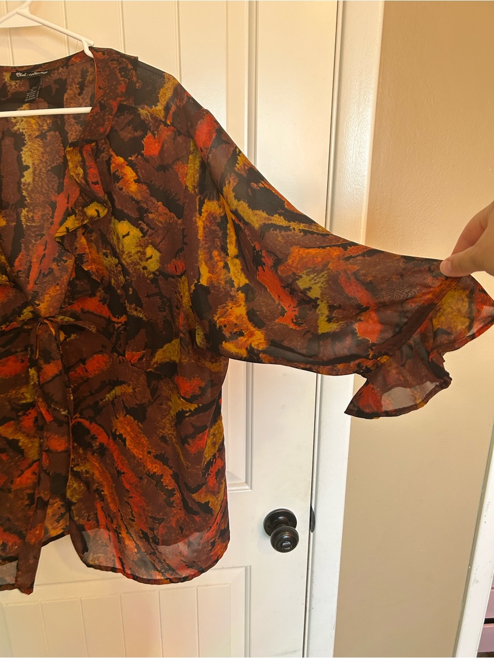 Sheer Ruffle Tie-Front Blouse in Rust Multi - Picture 2 of 5